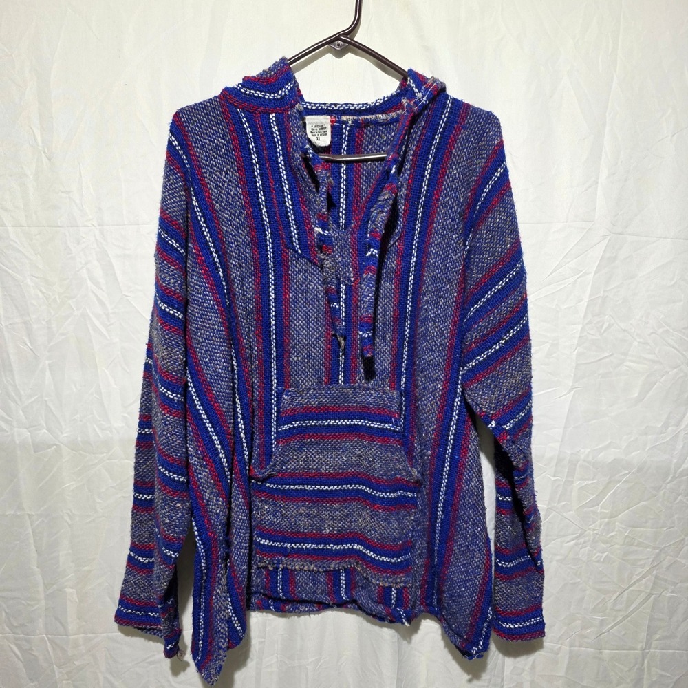 Artesano Mexican Baja Hoodie Blue Red White Striped Jerga Pullover XL
